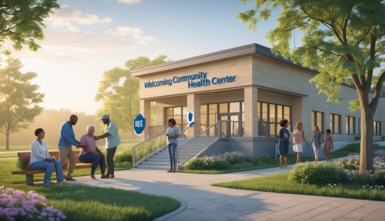 A community health center in Missouri surrounded by greenery with people interacting supportively outside.