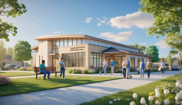 A community mental health center with people interacting supportively outside in a peaceful small town setting.