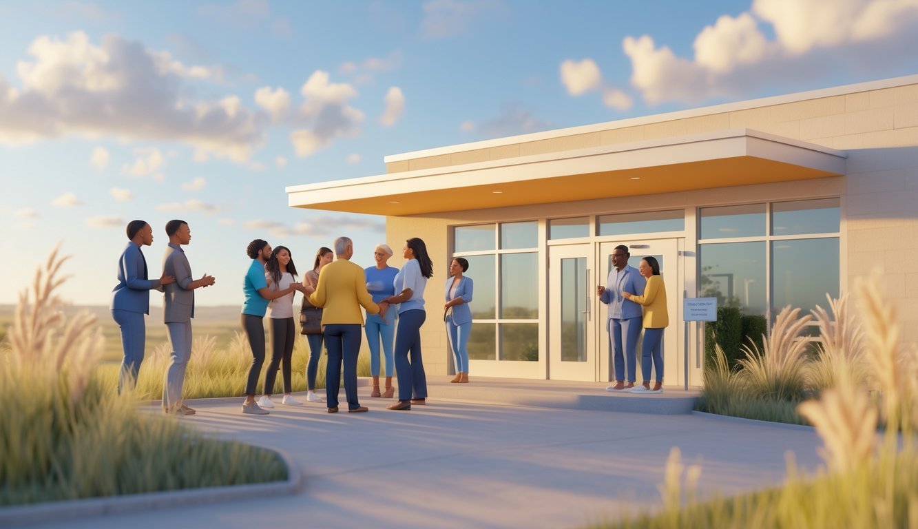 A welcoming mental health clinic in Oklahoma with people interacting outside under a wide-open sky and prairie grasses.