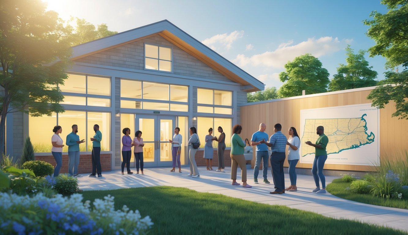 A sunny outdoor scene showing a welcoming mental health support center with diverse people interacting near a building surrounded by greenery and a subtle map of Rhode Island.