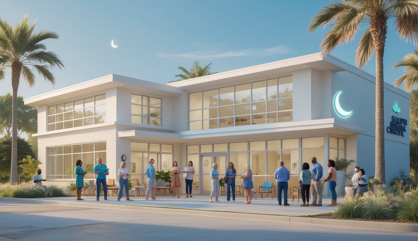 A welcoming mental health center with diverse people engaging in supportive activities outdoors and indoors, surrounded by South Carolina plants and symbols.