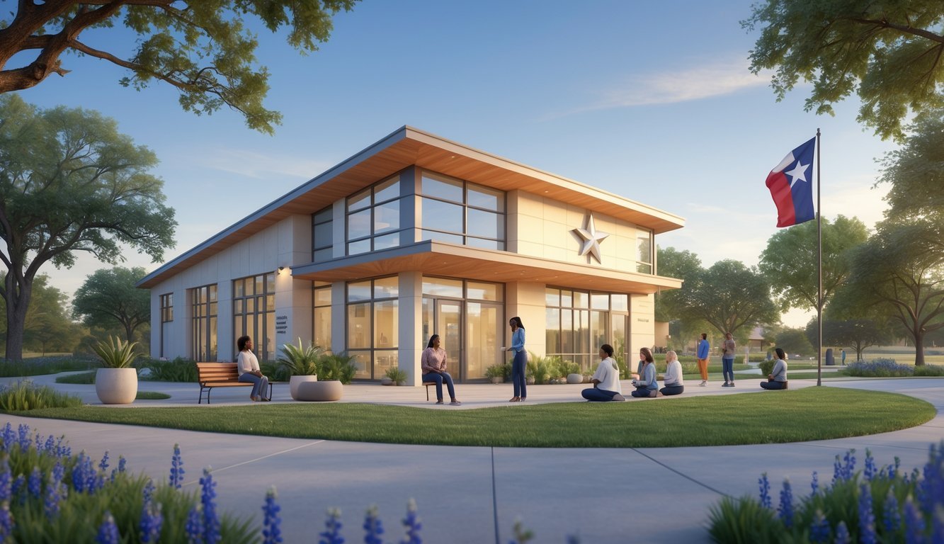 A mental health center in Texas with people engaging in supportive activities outside, surrounded by greenery and a Texas flag nearby.