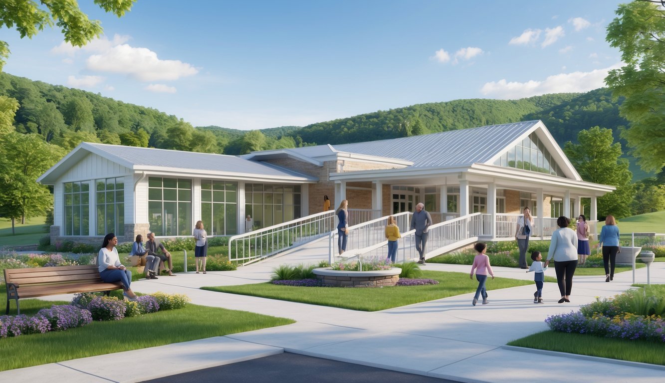 A community mental health center surrounded by trees and hills with people talking and walking outside.