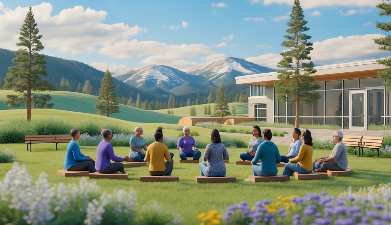 A group of diverse people gathered outdoors in a peaceful Wyoming landscape with hills, pine trees, and mountains, near a community center surrounded by wildflowers.