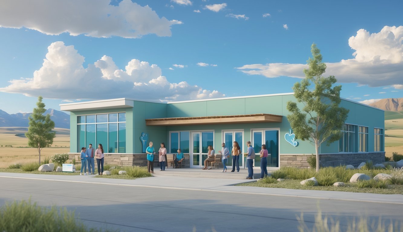 A mental health clinic in a Wyoming landscape with people engaging in supportive activities outdoors near mountains and open plains.