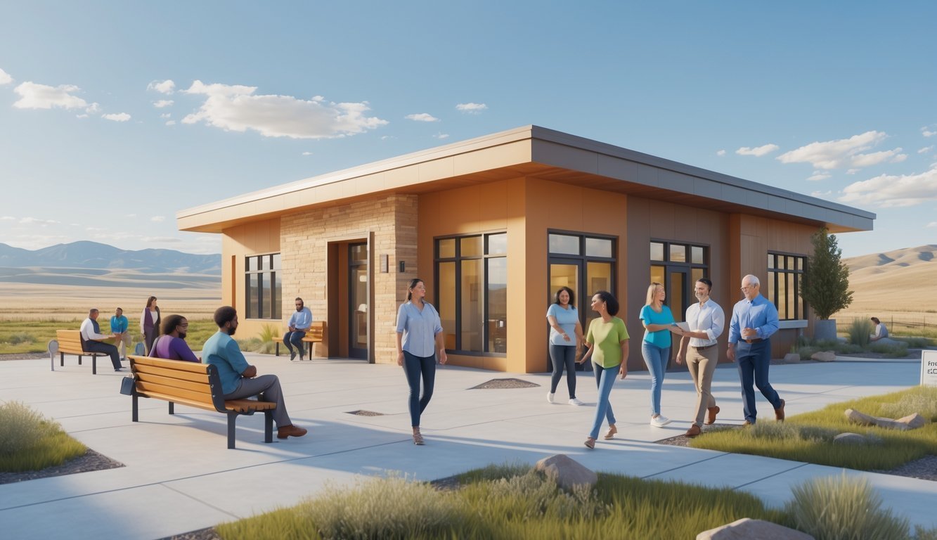 A community mental health center in Wyoming with diverse people interacting outside, surrounded by open plains and mountains.