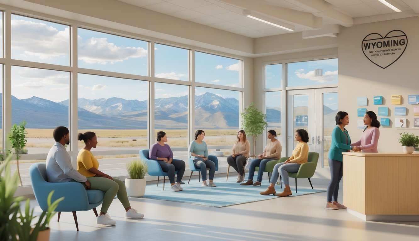 A welcoming community center with people receiving mental health support and counseling, set against a Wyoming mountain landscape.