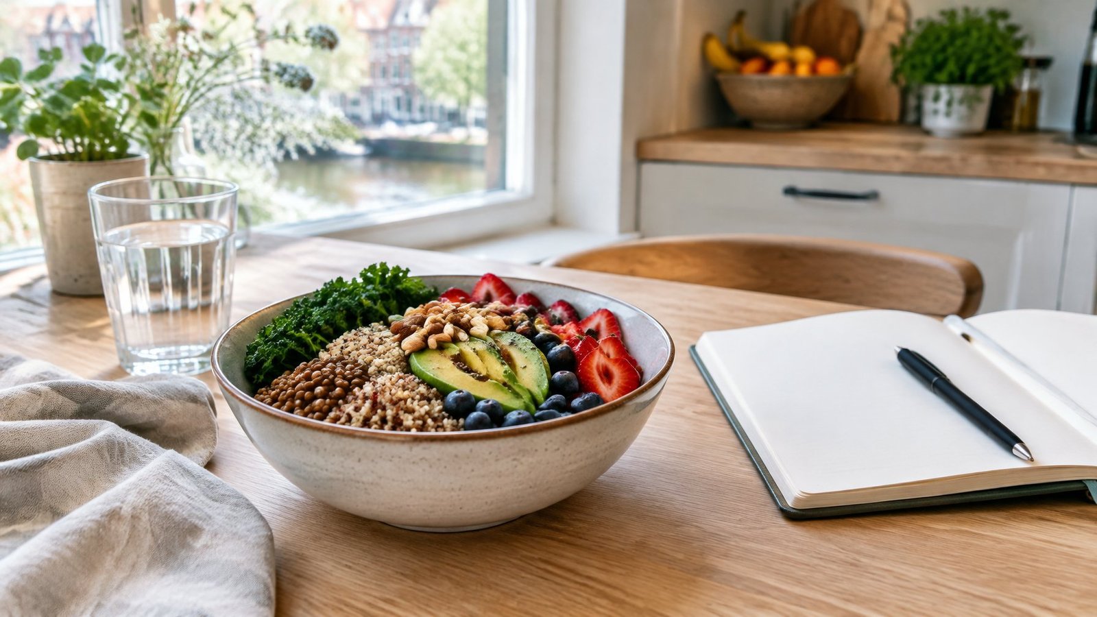A bowl of whole grains, greens, nuts and fruit next to an open notebook on a kitchen table