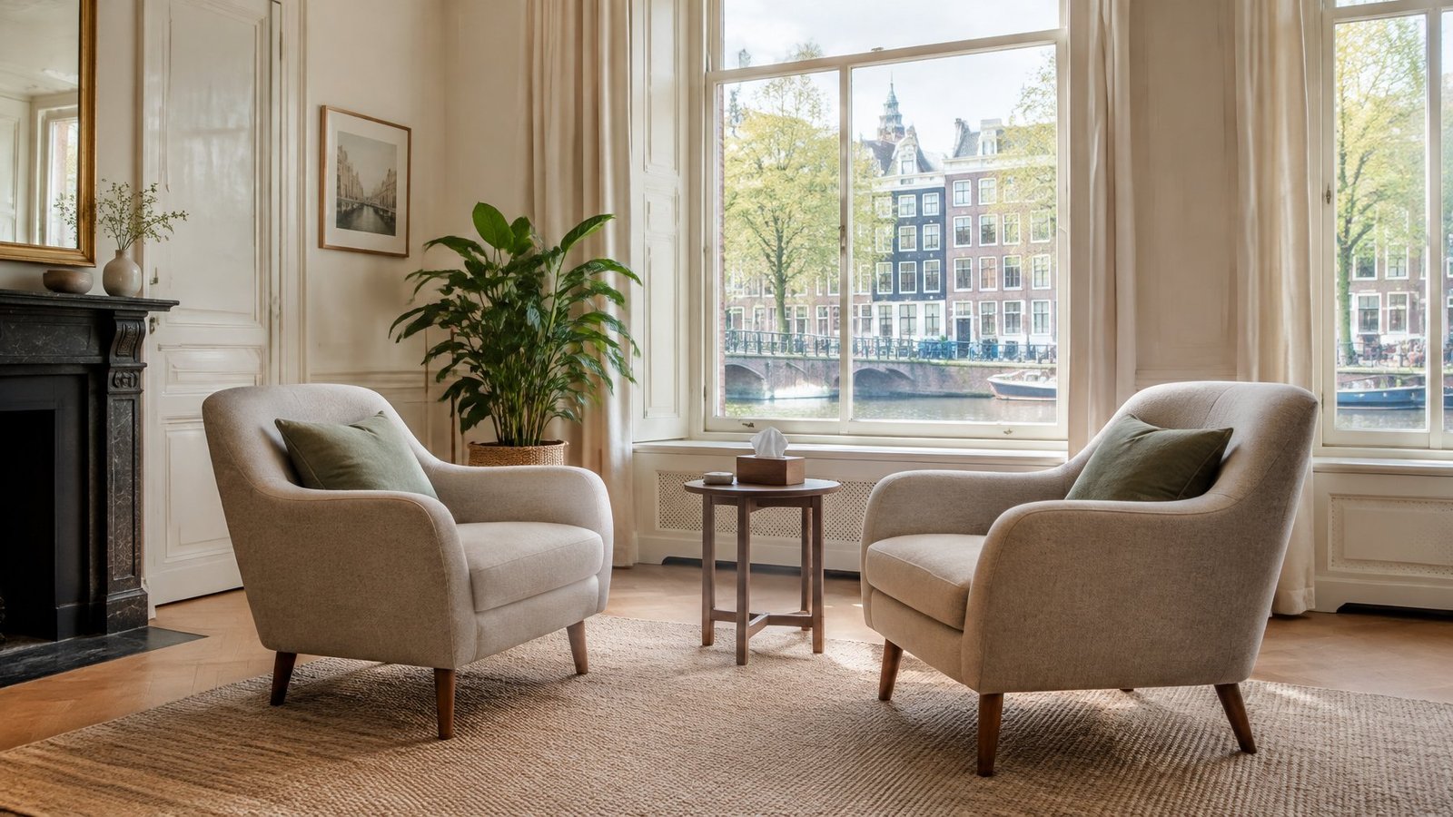 Two armchairs facing each other in a calm therapy room with a view of an Amsterdam canal
